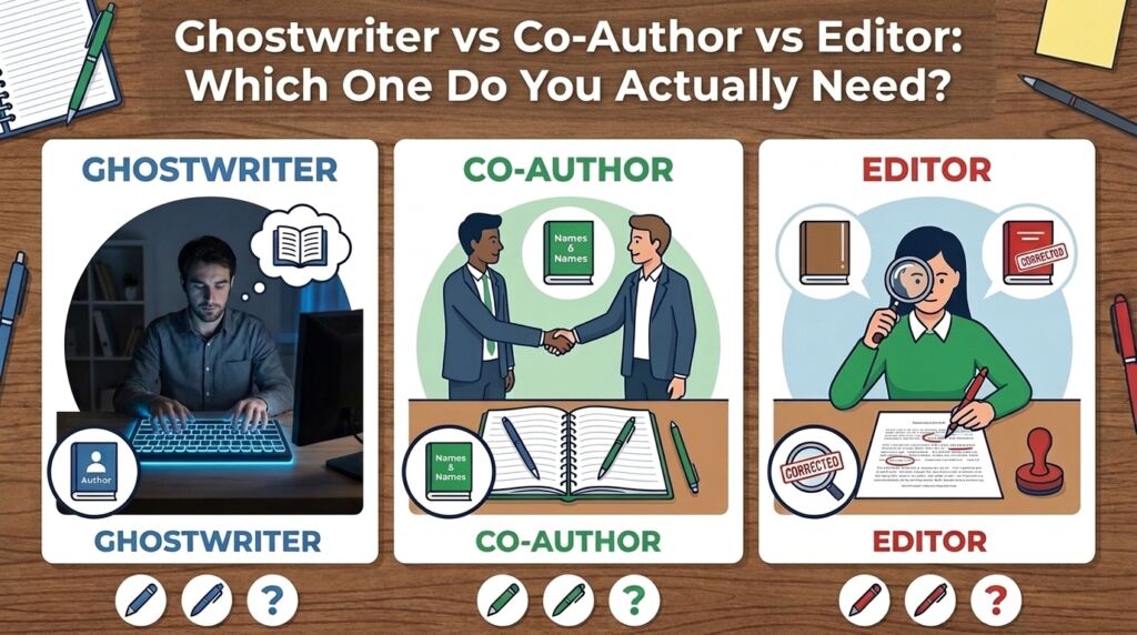 Infographic comparing ghostwriter, co-author, and editor roles for first-time book authors