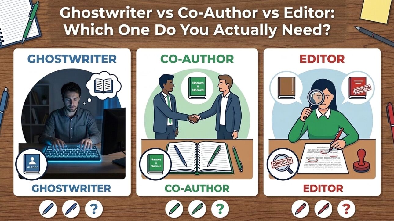 Infographic comparing ghostwriter, co-author, and editor roles for first-time book authors