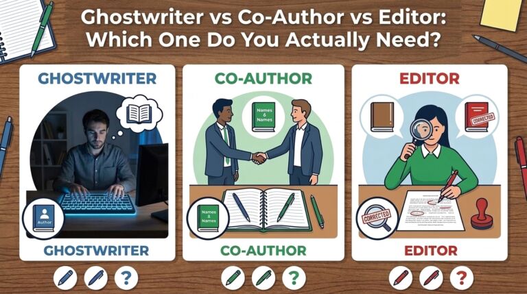 Infographic comparing ghostwriter, co-author, and editor roles for first-time book authors