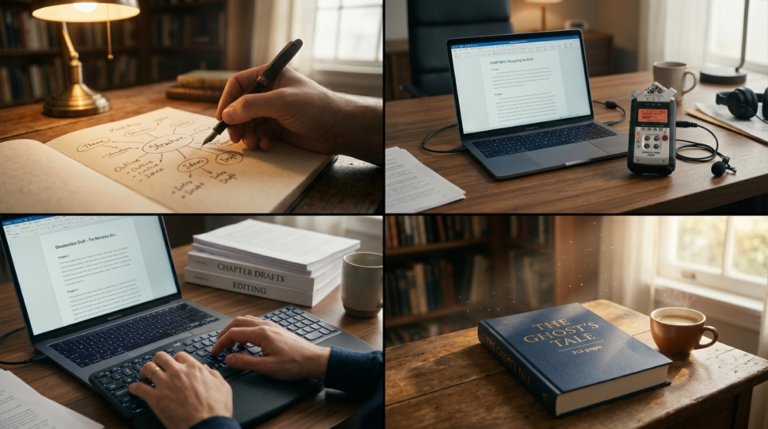 How does ghostwriting work: infographic showing the 7-stage ghostwriting process from idea to manuscript
